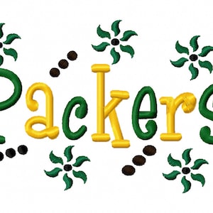 Pode incluir: Design bordado em verde e dourado com a palavra "Packers" cercada por estrelas verdes de quatro pontas e pontos marrons.