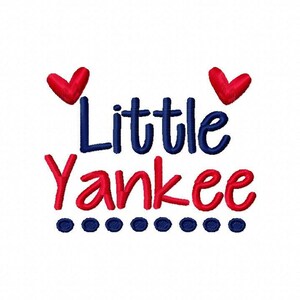 May include: Red and blue embroidery design with the text "Little Yankee" and two red hearts above the text. There are eight blue dots below the text.