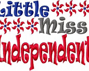 Diseño de bordado a máquina Little Miss Independent 4x4 7x5 10x6 4 de julio Descarga el cuarto día de la independencia Vacaciones Rojo Blanco Azul camisa babero