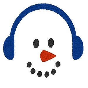 May include: A white snowman face with black eyes, a red carrot nose, and a black mouth. The snowman is wearing blue earmuffs.