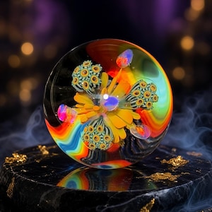 May include: A spherical glass paperweight featuring an internal design of a yellow flower surrounded by three patterned green and yellow seed pods, accented with iridescent opal-like inclusions and swirling rainbow-colored glass ribbons.