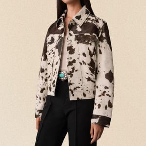 Damen Echtes Rindshaar Lederjacke Natürliches Haar Auf Western Rodeo Outfit Braun Weiß Cowgirl Mantel Festival Streetwear Cowboy Mode