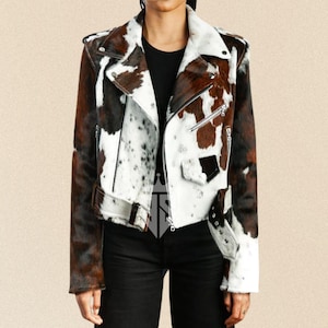 Benutzerdefinierte Rindsleder Haar Lederjacke für westliche Frauen Hair on Hide Western Biker Mantel einzigartige Rindsleder Damen Oberbekleidung Weihnachtsgeschenk für sie