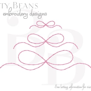 May include: Pink embroidery designs of bows in varying sizes, arranged vertically on a white background. The text "Bitty Beans embroidery designs" is at the top. The text "See listing information for sizes available" is at the bottom.