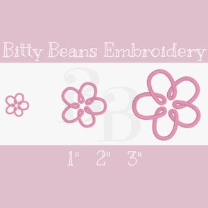 May include: Pink flower embroidery designs in three sizes: 1 inch, 2 inches, and 3 inches. The flowers have a looped design. The text "Bitty Beans Embroidery" is at the top of the image.