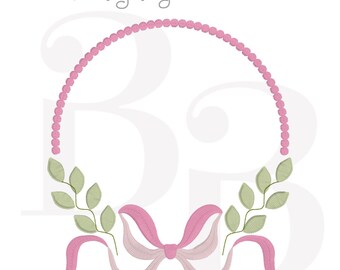 May include: A digital embroidery design featuring a pink beaded arch, a pink bow, and green leaves. The text "Bitty Beans embroidery designs" is at the top. The text "See listing information for sizes available" is at the bottom.