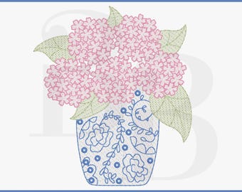 Hydrangeas in Blue and white vase, Chinoiserie Inspired Vase, Ginger jar sketch stitch Classic Vintage Machine Embroidery Design