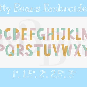 May include: A colorful alphabet in a variety of sizes, perfect for embroidery projects. The letters are in a pastel color palette of pink, green, and gold. The text "Bitty Beans Embroidery" is at the top, with size options below.
