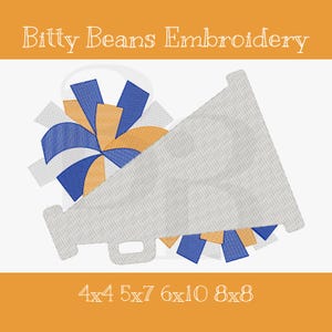 Könnte beinhalten: Gesticktes Design mit Megaphon und Pompons in Blau, Weiß und Gold. Der Text "Bitty Beans Embroidery" steht oben, darunter Größenoptionen. Dieses Design eignet sich für verschiedene Stickprojekte.