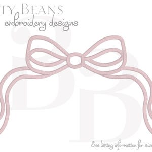 May include: A light pink bow embroidery design with flowing ribbons. The design is from Bitty Beans embroidery designs. The text "Bitty Beans embroidery designs" is at the top of the image. The text "See listing information for sizes available" is at the bottom.