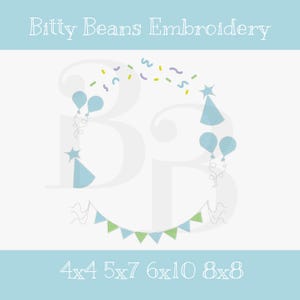 May include: Blue and green birthday party embroidery design with balloons, party hats, confetti, and a banner. The design is available in sizes 4x4, 5x7, 6x10, and 8x8 inches.