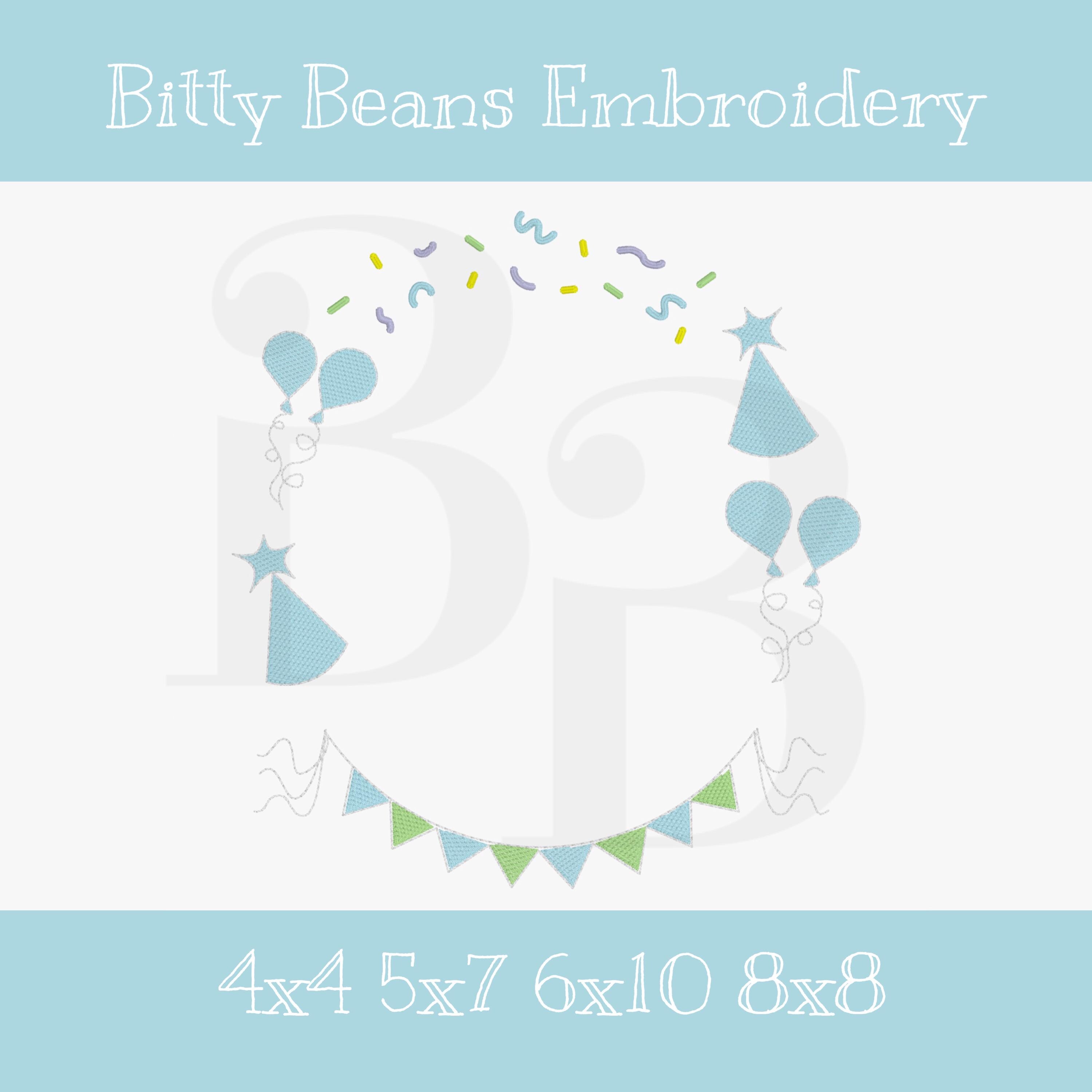 Birthday boy monogram frame with balloons, confetti, party hats, bunting, streamers and flags, Classic Vintage Machine Embroidery Design