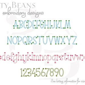 May include: A graphic featuring three different font styles: uppercase letters in light blue, lowercase letters in pink, and numbers in olive green. The text "BITTY BEANS embroidery designs" is at the top.