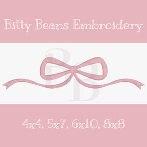 May include: Pink ribbon bow embroidery design in four sizes: 4x4, 5x7, 6x10, and 8x8 inches.