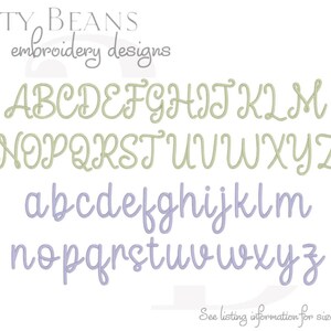 May include: A white background displays the alphabet in uppercase and lowercase, in two different colors. The top two rows are in a light green color, and the bottom two rows are in a light purple color. The text "BITTY BEANS embroidery designs" is at the top.