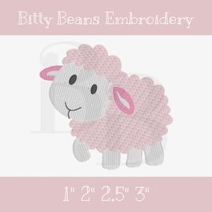 May include: A pink and white embroidered sheep with the text "Bitty Beans Embroidery" above and size measurements of 1", 2", 2.5", and 3" below. The sheep has a smiling face and is standing on four legs.