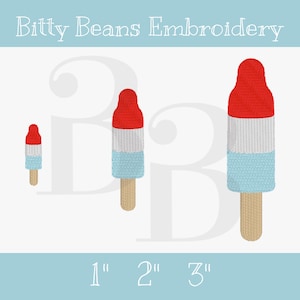 May include: Three embroidered ice cream pops in red, white, and blue, measuring 1 inch, 2 inches, and 3 inches.