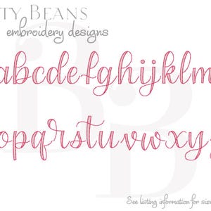 May include: A complete alphabet in lowercase, rendered in a delicate, cursive script. The letters are a vibrant pink, set against a clean white background. The text "Bitty Beans embroidery designs" is at the top. The text "See listing information for sizes available" is at the bottom.