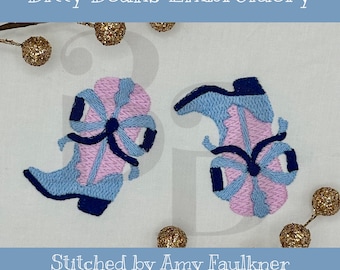 Girly Swirlie Fill Stitch Cowboy cowgirl boots, cowboy boots with bows, Classic Vintage Machine Embroidery Design
