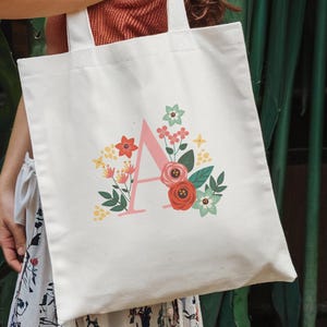 Floral Monogram Tote Bag Personalized Letters Gift Custom Initial Name Bag Reusable Cotton Canvas Bag Bridesmaid Gift for Her Custom Eco Bag