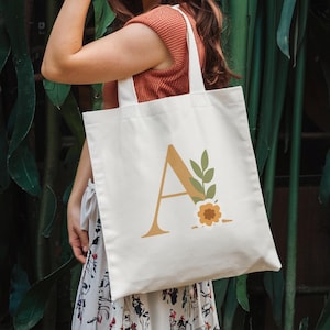 Custom Floral Monogram Birthday Tote Bag Personalized Initial Canvas Gift Eco Friendly Letter Bag Reusable Minimalist Leaf Customized Bags