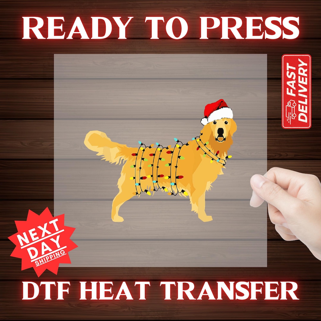 Golden Retriever Wrapped in Christmas Lights DTF Iron on Ready to Press ...
