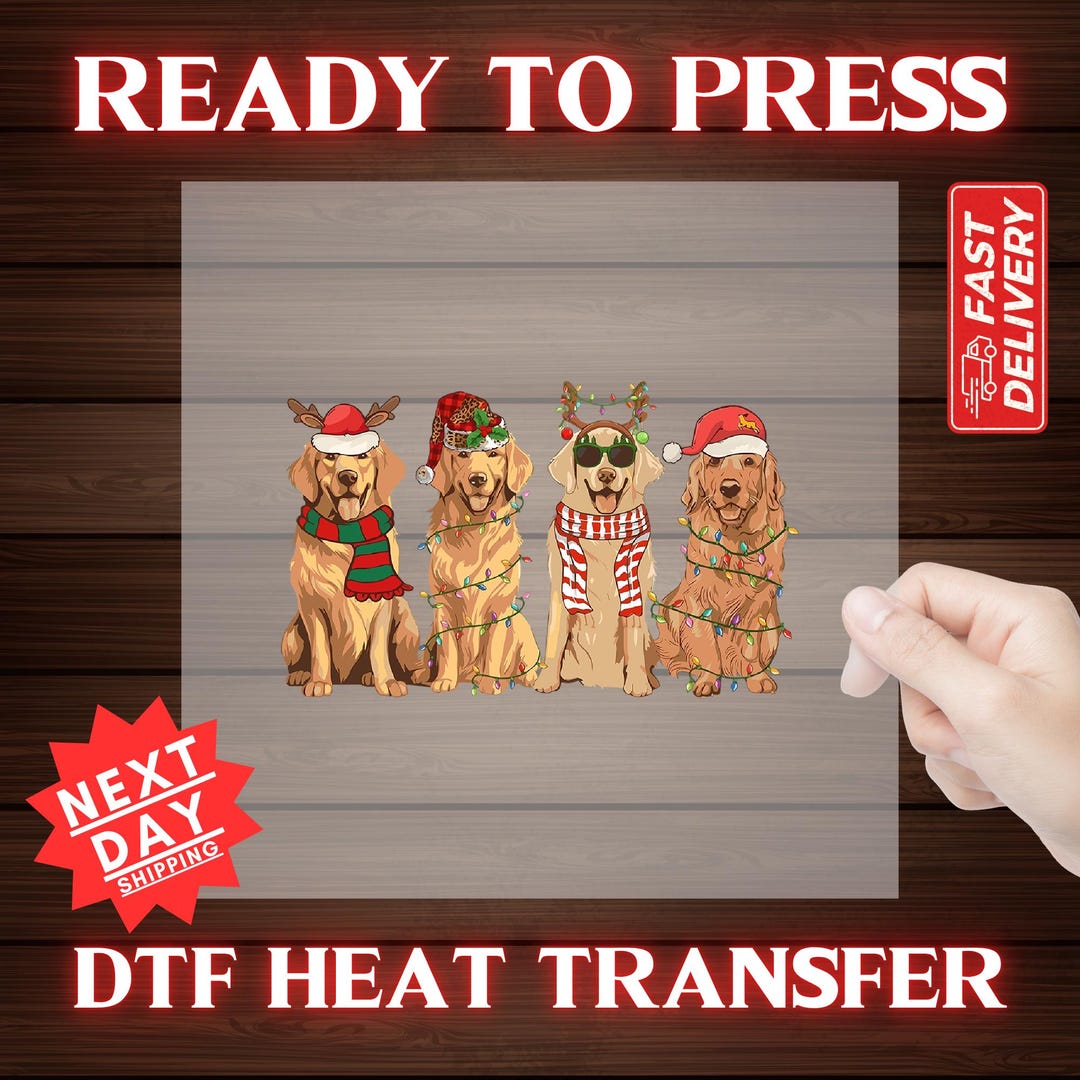 Golden Retrievers Dressed for Christmas DTF Heat Press Transfer for Dog ...