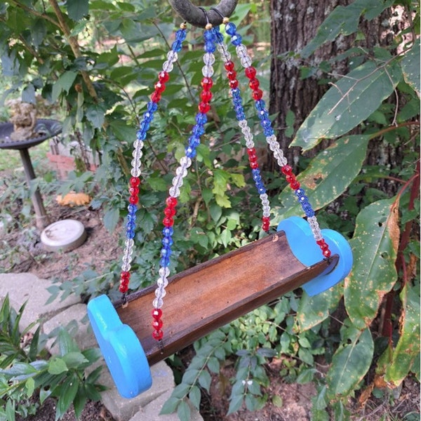 Hanging Beaded Bamboo Bird Feeder from reclaimed, repurposed, recycled, and reused materials