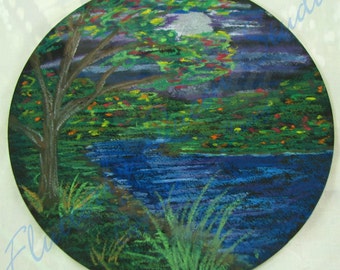 Original oil pastel 20 fall moonlit mountain painting with trees, and river -- free shipping USA