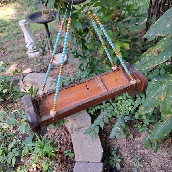Hanging Beaded Bamboo Bird Feeder from reclaimed, repurposed, recycled, and reused materials