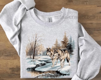 Sudadera retro de lobo de los 90, sudadera vintage con estampado de bosque y vida silvestre, top bohemio acogedor estilo cabaña, camisa rústica de montaña y naturaleza, regalo para amantes de la naturaleza