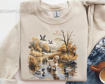 Sudadera retro con labrador retriever y patos silvestres, estilo vintage de los 90 con estampado de perro de caza, suéter rústico para actividades al aire libre, regalo para amantes de la naturaleza