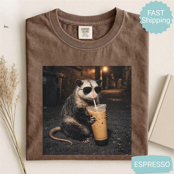 Comfort Colors® Opossum Drinking Iced Coffee Shirt, Funny Animal Meme Graphic Tee, Coffee Lover Gift, Funny Possum Shirt, Opossum Lover Tee