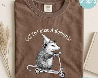 Comfort Colors® Off To Cause A Kerfuffle Shirt, Funny Opossum Scooter T-Shirt, Mental Health Tee, Sarcastic Humor Shirt, Animal Lover Gift
