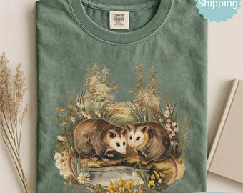 Comfort Colors® Retro Possum Couple Shirt, Vintage 90s Wildflower Forest Shirt, Cute Woodland Animal Shirt, Cozy Boho Nature Lover Gift