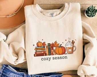 Cozy Season Sweatshirt, Book Lover Fall Shirt, Cute Pumpkin Shirt, Autumn Coffee Latte Tee, Fall Gift for Women, Halloween Gift