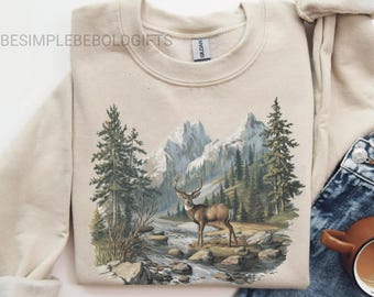 Retro Whitetail Buck Deer Sweatshirt, 90s Vintage Mountain Scene Tee, Winter Nature Lover Shirt, Boho Rustic Outdoor Crewneck Gift