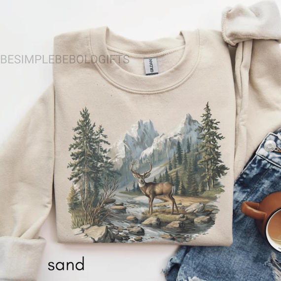 Retro Whitetail Buck Deer Sweatshirt, 90s Vintage Mountain Scene Tee, Winter Nature Lover Shirt, Boho Rustic Outdoor Crewneck Gift