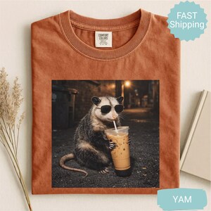 May include: Rust-colored t-shirt featuring a graphic of an opossum wearing sunglasses and drinking iced coffee. The opossum is set against a blurred urban background. The shirt has a crew neck and a Comfort Colors tag.