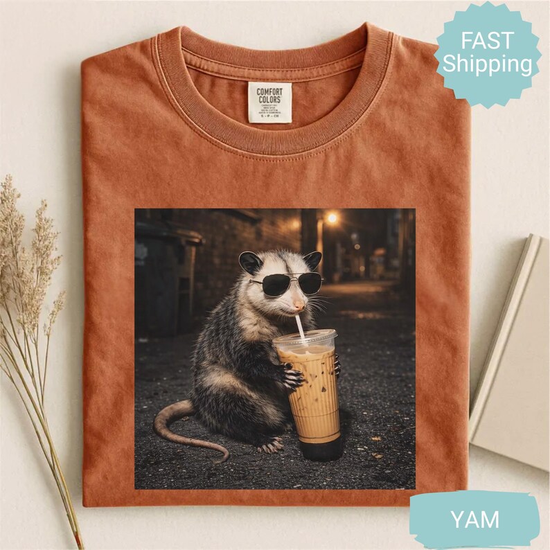 May include: Rust-colored t-shirt featuring a graphic of an opossum wearing sunglasses and drinking iced coffee. The opossum is set against a blurred urban background. The shirt has a crew neck and a Comfort Colors tag.