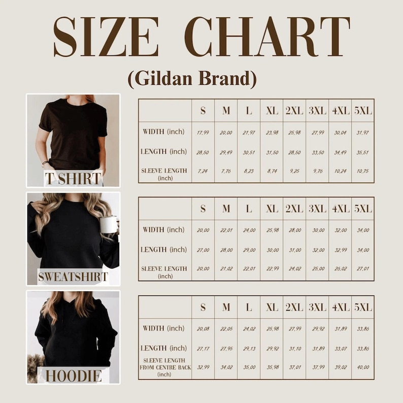 May include: Size chart for Gildan brand t-shirts, sweatshirts, and hoodies. Includes measurements for width, length, and sleeve length in inches for sizes S to 5XL. The chart is displayed on a neutral background.