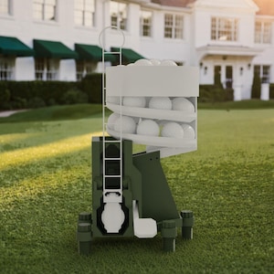 May include: A dark green golf ball dispenser featuring a white spiral track mechanism filled with white golf balls. The device has a vertical ladder-like frame and a sturdy base with four adjustable feet, designed for holding and dispensing golf balls.