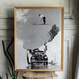 Vintage Skiing Photo, Black and White Photo Print, Digital Download, Retro Ski Art, Ski, Wall Art, Skiing Poster