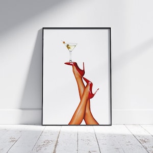 Bottoms Up Art Print, Red Boot Martini Wall Art, Bar Cart Art, Femme Fatale, Cherry Girl Art Print, Retro Print Aesthetic, Martini Print