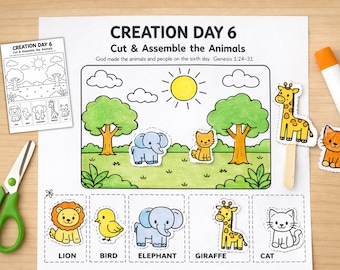 Creation Day 6 Animal Craft | Bible Cut & Paste Activity | Printable Garden Scene Worksheet | Sunday School Kids Craft