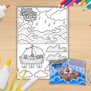May include: A black and white printable craft sheet titled Jesus Calms the Storm with the text Peace! Be still! Mark 4:39, featuring line art of a boat, waves, and clouds, alongside a finished, colored-in 3D paper model of the same scene.