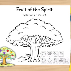 May include: Black and white line drawing of a tree with the text "Fruit of the Spirit" and "Galatians 5:22-23". A smaller tree with colorful fruit and labels is on the left. Additional labels with fruit illustrations are at the bottom. Craft supplies are in the background.