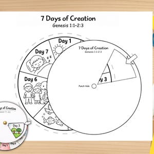 Puede incluir: Un proyecto de manualidades en papel blanco titulado "7 Days of Creation" con ilustraciones y texto. El diseño incluye una rueda circular con secciones para cada día, una rueda más pequeña y el texto "Genesis 1:1-2:3".