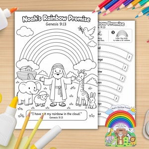 Può includere: Una pagina da colorare stampabile intitolata Noah's Rainbow Promise con Genesis 9:13, che presenta un'illustrazione al tratto di Noè, animali e un arcobaleno. Include una seconda pagina con strisce da ritagliare e un esempio di lavoretto 3D.