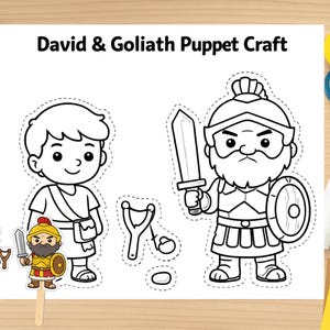 May include: A black and white line drawing of a David & Goliath Puppet Craft. The drawing includes cut-out figures of David, Goliath, a slingshot, and other accessories. The words "David & Goliath Puppet Craft" are printed at the top.
